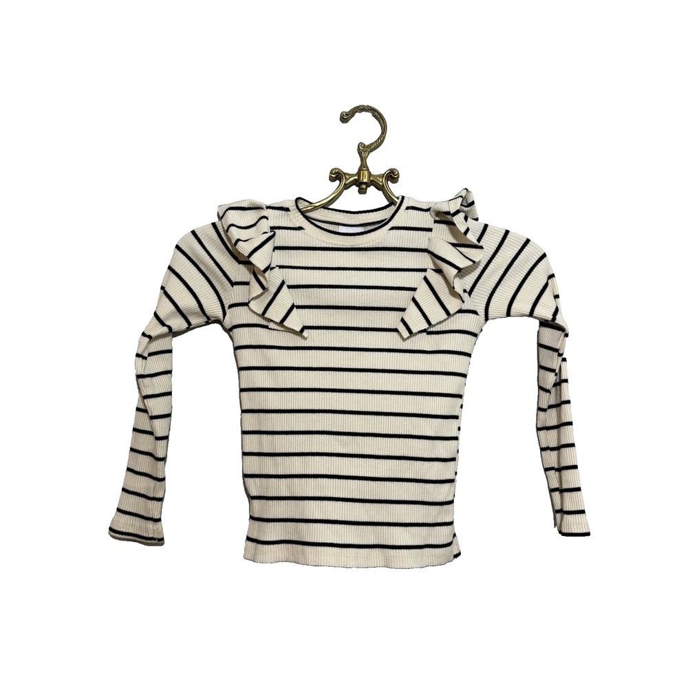 Zara Girl's Round Neck Long Sleeve Ruffled Ribbed Stripe Size 6-7